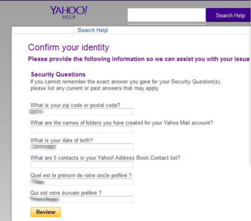 Yahoo form screenshot